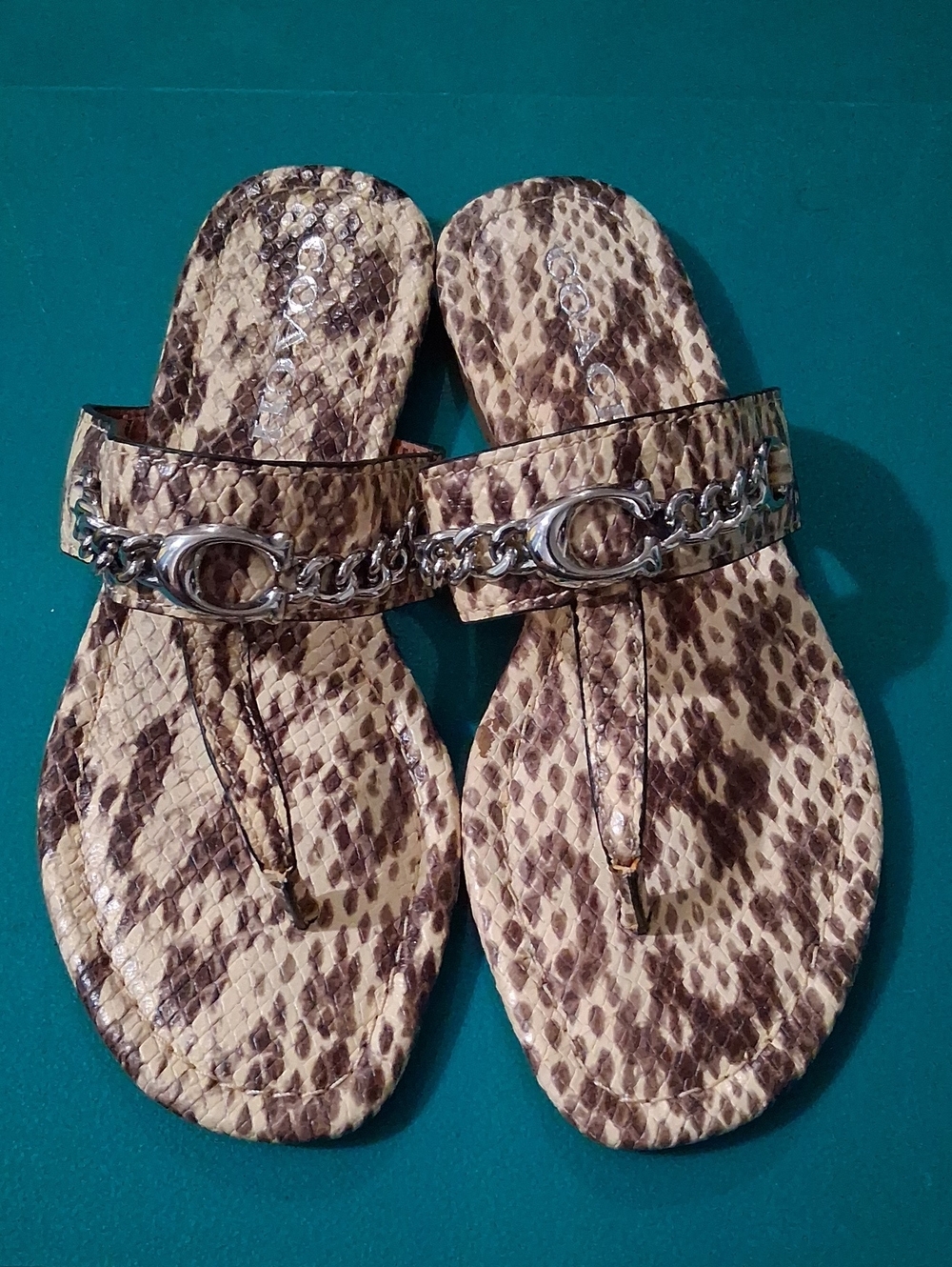 Coach Brown Snake-Print Thong Sandals with Silver Chain Size 5